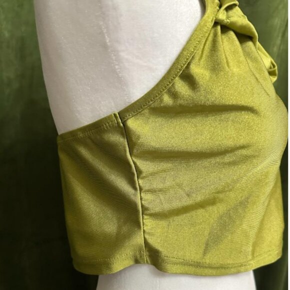 New Women's Olive-Colored Satin Top with Drapery and Open Back Size: L (8-10) - Picture 5 of 6
